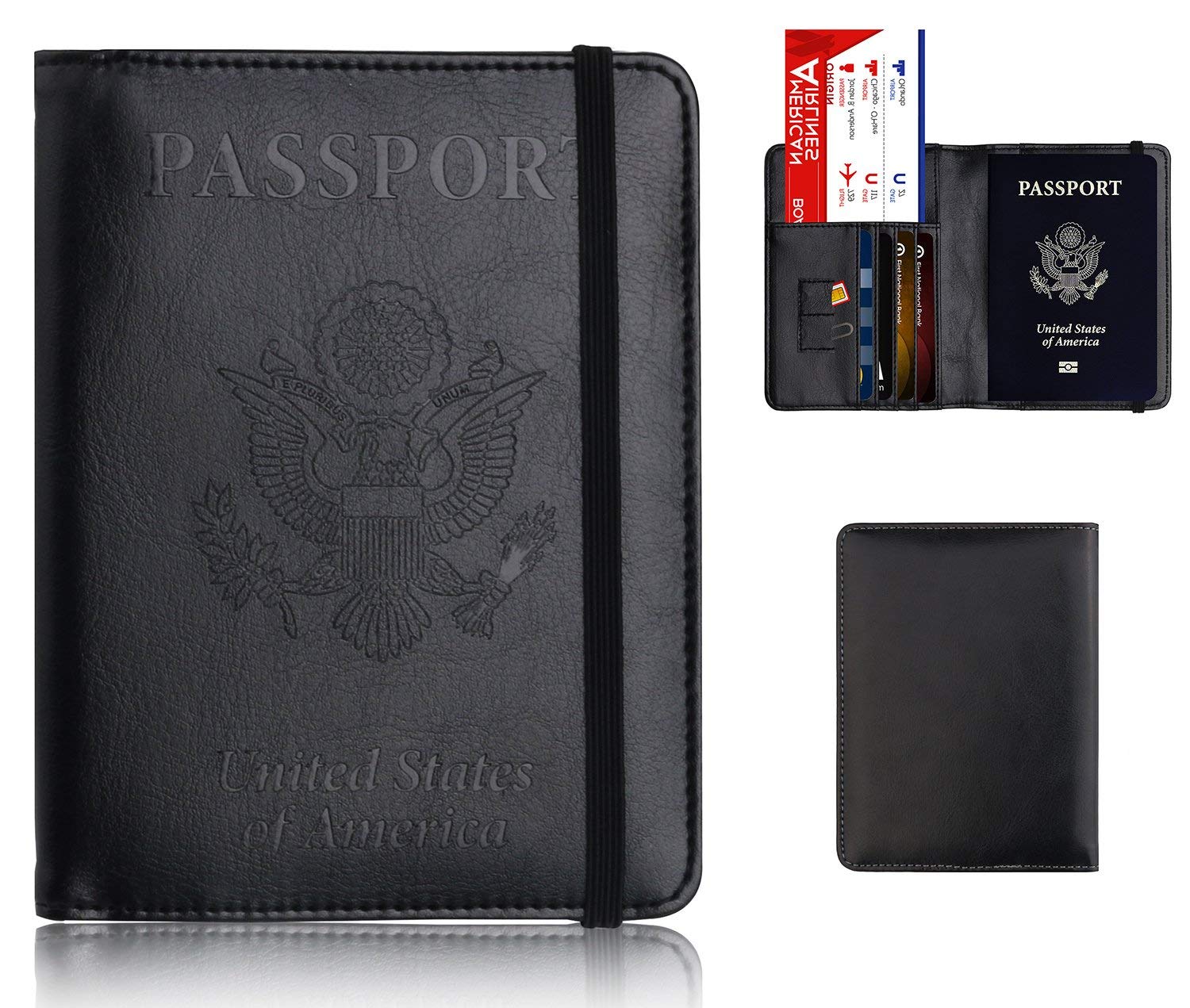Leather Passport Holder Cover Leather Rfid Blocking Passport Wallet Case for Men Women With Elastic Band, Black