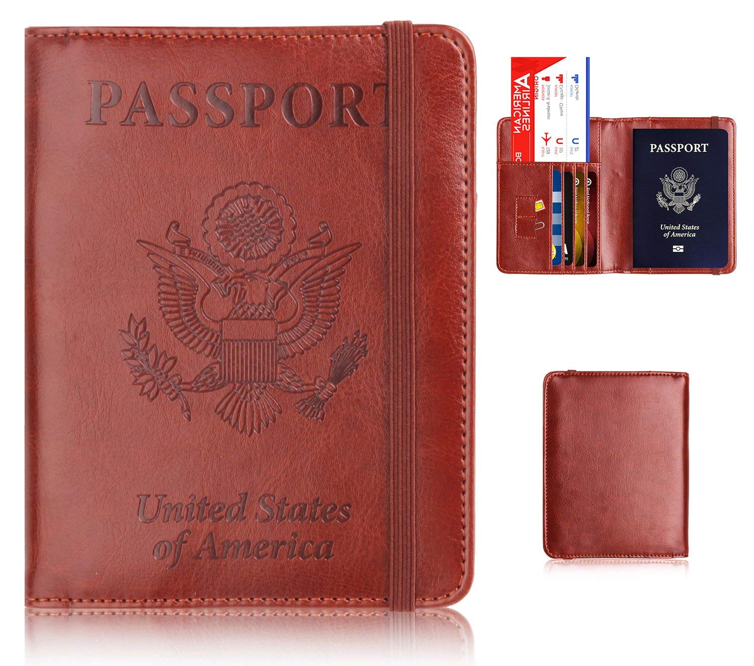 Leather Passport Holder Cover Leather Rfid Blocking Passport Wallet Case for Men Women With Elastic Band, Brown
